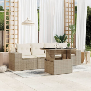 vidaXL 5-delige Loungeset met kussens poly rattan beige
