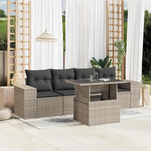 vidaXL 5-delige Loungeset met kussens poly rattan lichtgrijs