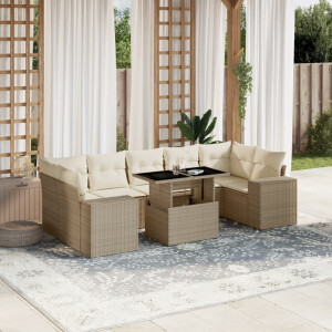 vidaXL 8-delige Loungeset met kussens poly rattan beige