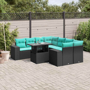vidaXL 9-delige tuinbankset met kussens van zwart polyrotan