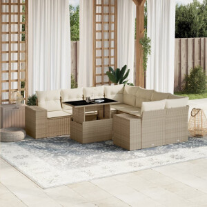 vidaXL 9-delige Loungeset met kussens poly rattan beige