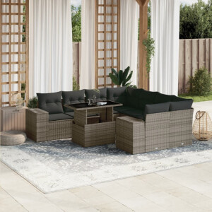 vidaXL 9-delige Loungeset met kussens poly rattan grijs