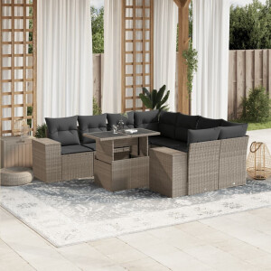 vidaXL 9-delige Loungeset met kussens poly rattan lichtgrijs
