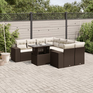 vidaXL 9-delige Loungeset met kussens poly rattan bruin