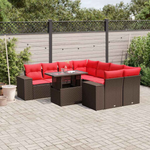 vidaXL 9-delige tuinbankset met kussens, bruin polyrotan