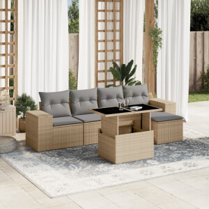 vidaXL 6-delige Loungeset met kussens poly rattan beige