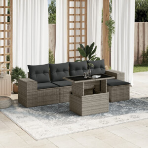vidaXL 6-delige Loungeset met kussens poly rattan grijs