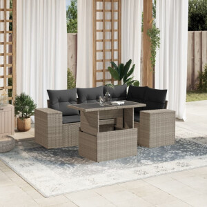 vidaXL 5-delige Loungeset met kussens poly rattan lichtgrijs