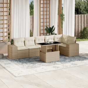 vidaXL 7-delige Loungeset met kussens poly rattan beige