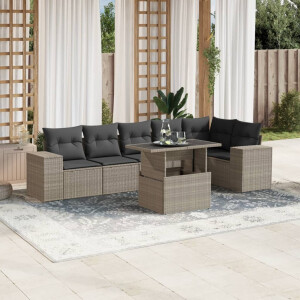 vidaXL 7-delige Loungeset met kussens poly rattan lichtgrijs