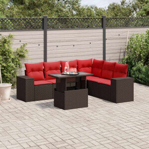 vidaXL 7-delige tuinbankset met kussens, bruin polyrotan
