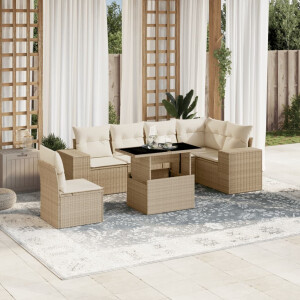 vidaXL 7-delige Loungeset met kussens poly rattan beige