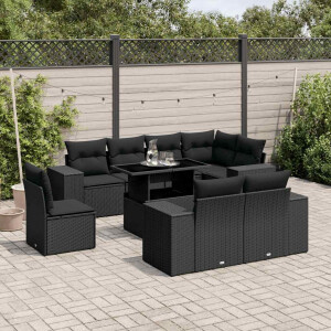 vidaXL 9-delige Loungeset met kussens poly rattan zwart