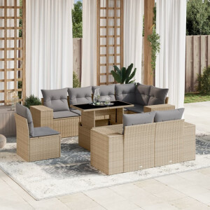 vidaXL 9-delige Loungeset met kussens poly rattan beige