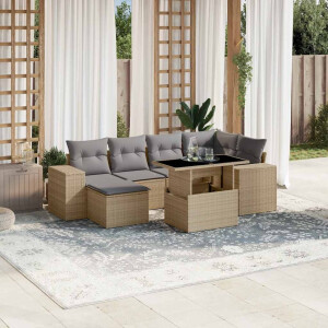 vidaXL 7-delige Loungeset met kussens poly rattan beige