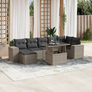 vidaXL 8-delige Loungeset met kussens poly rattan lichtgrijs