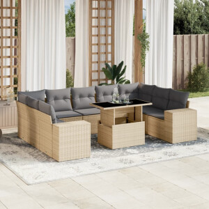 vidaXL 10-delige Loungeset met kussens poly rattan beige