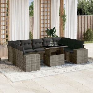 vidaXL 10-delige Loungeset met kussens poly rattan grijs