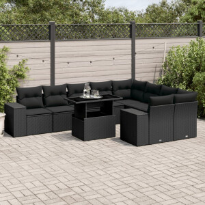 vidaXL 10-delige Loungeset met kussens poly rattan zwart