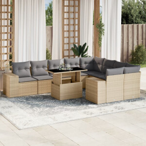 vidaXL 10-delige Loungeset met kussens poly rattan beige