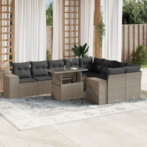 vidaXL 10-delige Loungeset met kussens poly rattan lichtgrijs