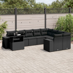 vidaXL 10-delige Loungeset met kussens poly rattan zwart