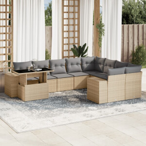 vidaXL 10-delige Loungeset met kussens poly rattan beige