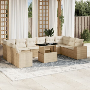 vidaXL 11-delige Tuinset met kussens poly rattan beige