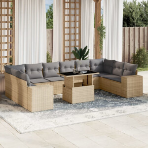 vidaXL 11-delige Tuinset met kussens poly rattan beige