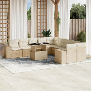 vidaXL 11-delige Tuinset met kussens poly rattan beige