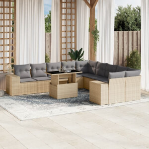 vidaXL 11-delige Tuinset met kussens poly rattan beige