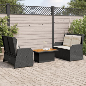 vidaXL 3-delige Loungeset met kussens poly rattan zwart