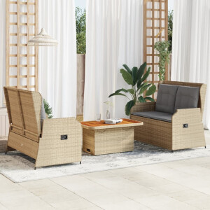 vidaXL 3-delige Loungeset met kussens poly rattan beige