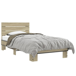 vidaXL Bedframe bewerkt hout en metaal sonoma eikenkleurig 90x190 cm