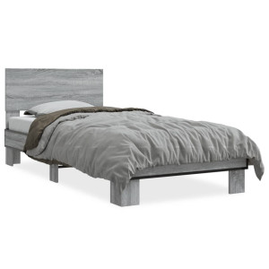 vidaXL Bedframe bewerkt hout en metaal grijs sonoma eiken 75x190 cm