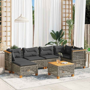 vidaXL 7-delige Loungeset met kussens poly rattan grijs