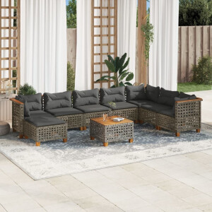 vidaXL 9-delige Loungeset met kussens poly rattan grijs