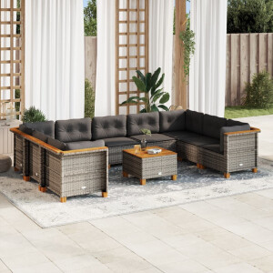 vidaXL 10-delige Loungeset met kussens poly rattan grijs