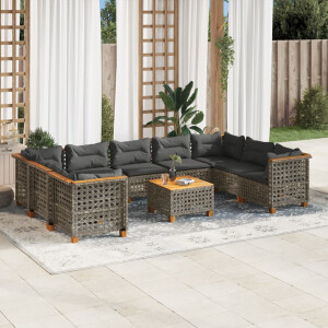 vidaXL 10-delige Loungeset met kussens poly rattan grijs