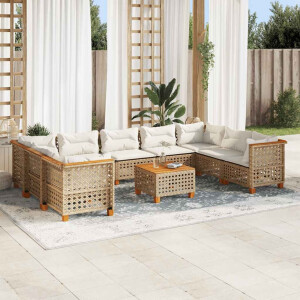 vidaXL 10-delige Loungeset met kussens poly rattan beige