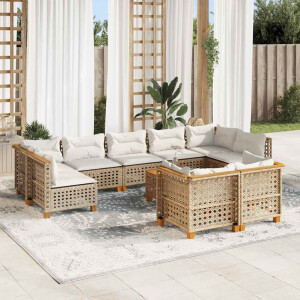 vidaXL 10-delige Loungeset met kussens poly rattan beige