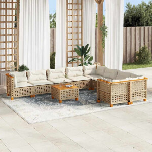 vidaXL 10-delige Loungeset met kussens poly rattan beige