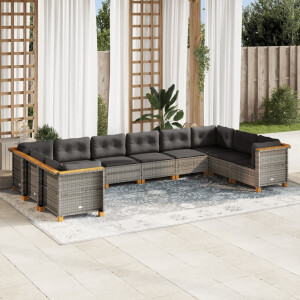 vidaXL 10-delige Loungeset met kussens poly rattan grijs