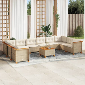 vidaXL 11-delige Tuinset met kussens poly rattan beige