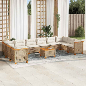 vidaXL 11-delige Tuinset met kussens poly rattan beige