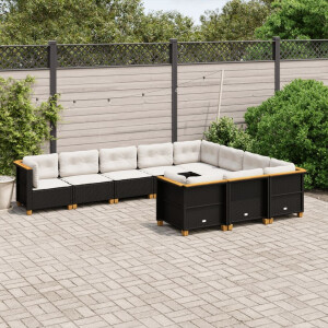 vidaXL 10-delige Loungeset met kussens poly rattan zwart