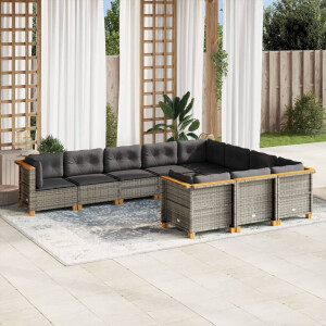 vidaXL 10-delige Loungeset met kussens poly rattan grijs