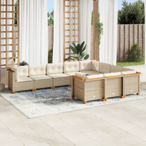 vidaXL 10-delige Loungeset met kussens poly rattan beige
