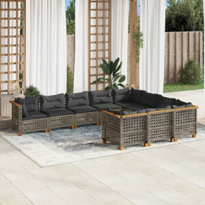vidaXL 10-delige Loungeset met kussens poly rattan grijs