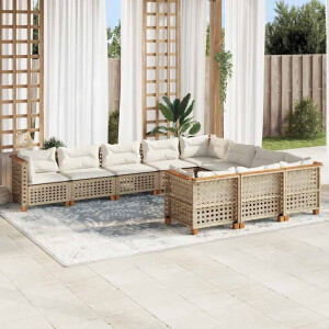 vidaXL 10-delige Loungeset met kussens poly rattan beige